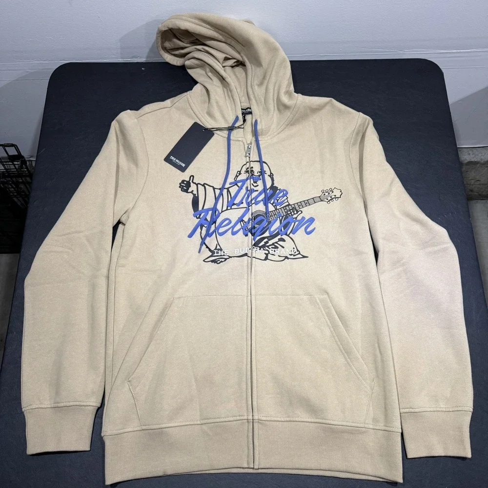 NWT $119.00 True Religion Mens Buddha Script Fleece Hoodie Fog Tan Sz Medium